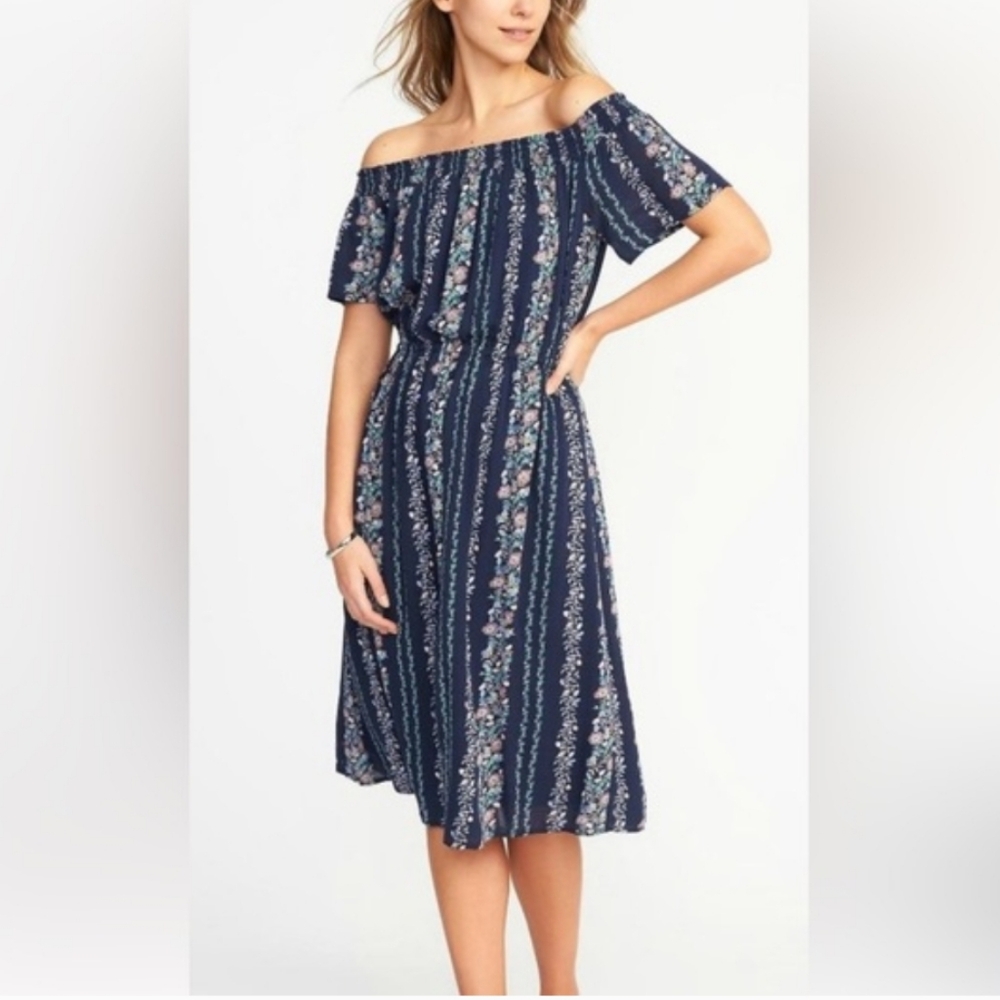 Old Navy Dress Size S Blue Navy Floral Off Shoulder Midi Elastic At Waist Boho